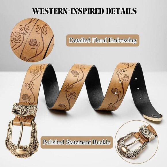 Women\'s Brown Vintage Ladies Western Belt Adjustable Cowgirl Belts For Jeans